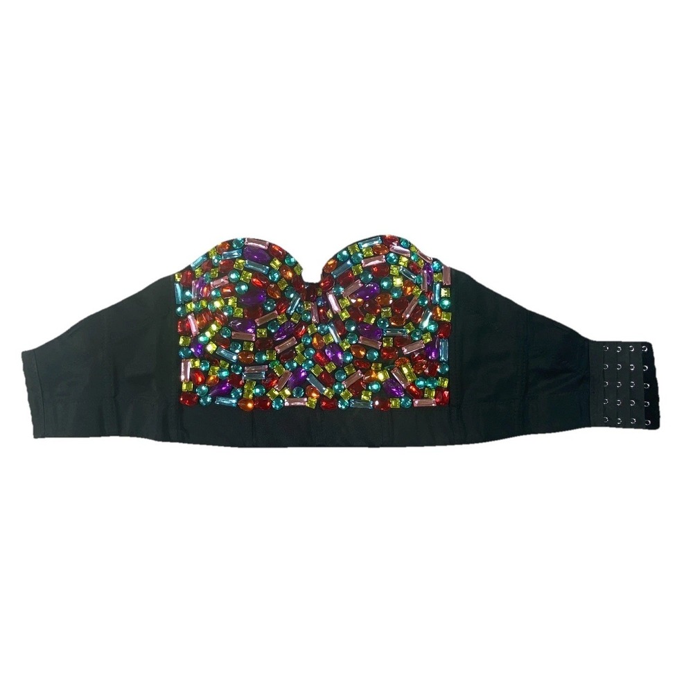 Charmian Push Up Bustier Corset Top Womens Medium Black Multi Rhinestone Party‎